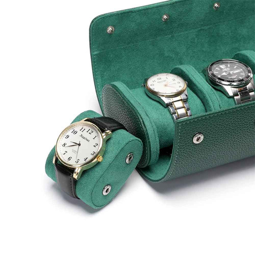 Green leather watch roll case - green,
